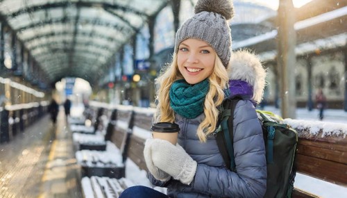 AI generated, A young blonde woman wants to travel and waits for the train at the station, 20, 25,