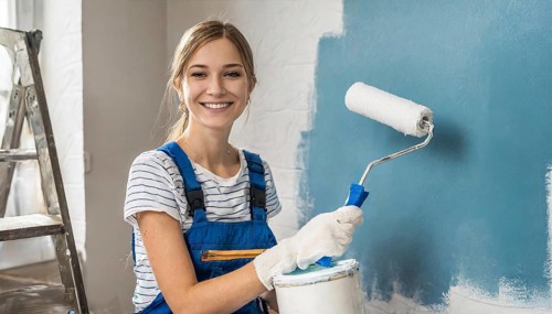 AI generated, woman, woman, a young girl paints a wall with new paint, blue, light blue, blue,