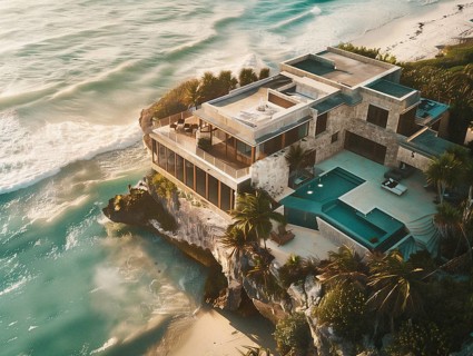 Luxurious villa perched on a cliff overlooking a serene turquoise ocean at sunset, Playa del Carmen