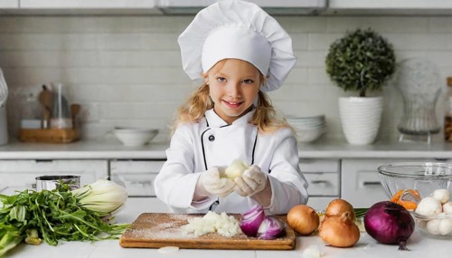 AI generated, human, humans, person, persons, child, children, 8 year old girl cutting onions in a