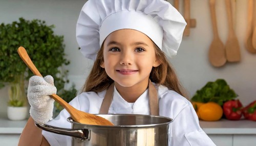AI generated, human, humans, person, persons, child, children, 8 year old girl cooking a vegetable