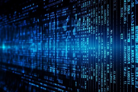 Blue dynamic digital data streams, showcasing flowing lines of code in a mesmerizing pattern, ideal