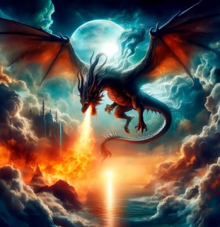 A fire-breathing dragon flies in the sky, symbolic image fantasy, fantasy, fairy tale, myth,