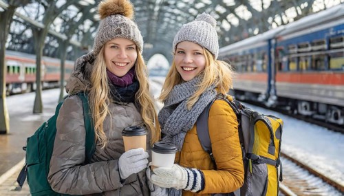 AI generated, Two young blonde woman want to travel and wait in the station for the train, 20, 25,