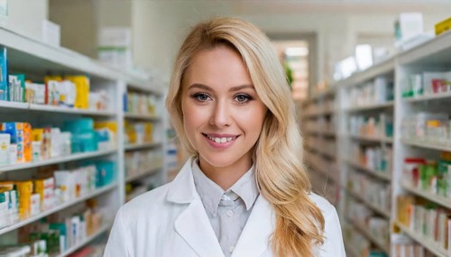 AI generated, A young pharmacist in her pharmacy, portrait, 30, 35, years, female, blonde, blond,