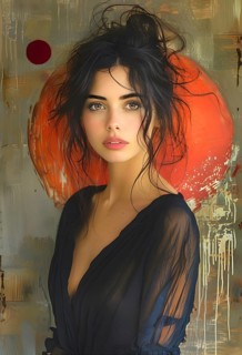 Young woman with pinned up black hair and wrapped in a silk dress, in the background a modern