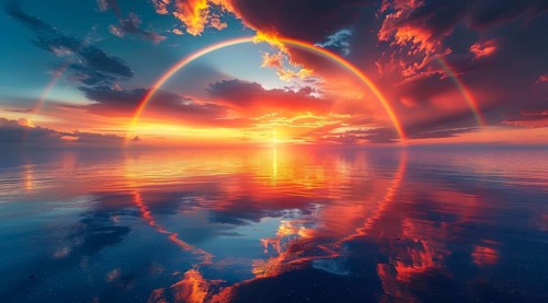 Radiant sunset under a surreal double rainbow with reflections on the ocean, ai generated, AI