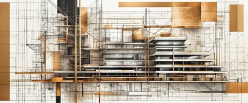 An intricate blend of architectural blueprints and a multilayered 3D model in brown tones,