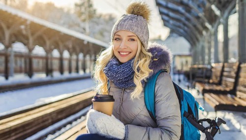 AI generated, A young blonde woman wants to travel and waits for the train at the station, 20, 25,