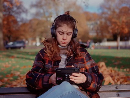 Serene young woman with headphones plays a handheld gaming console on a park bench in autumn, girl