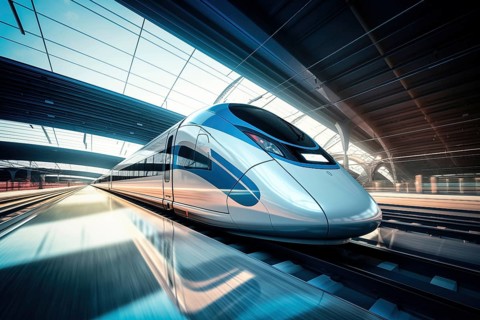 Modern high speed train in a futuristic train station. Modern transportation technology, speed,