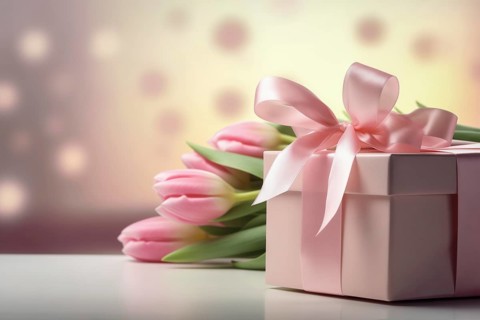 Gift Box with Pink Ribbon Beside bouquet of Fresh Tulips on Bokeh Background. Good for Valentine