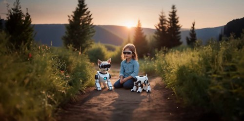 Child in VR glasses with a robot dog in nature. The concept of robotics in children's lives, AI