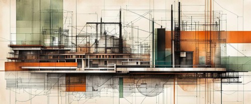 Building design overlaid on architectural blueprints with green and orange accents, horizontal 2