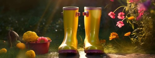 Spring gardening concept: old watering can, bouquet of spring flowers with gumboots and pots in the