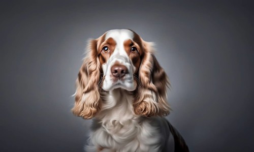 English cocker spaniel young dog posing. white and brown dog or pet playing happy, isolated, AI
