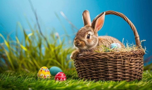 Cute Easter bunny sits beside a basket filled with colorful, decorated eggs amidst a vibrant green