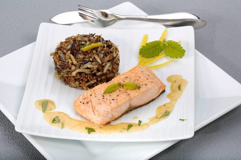 Southern German cuisine, fillet of Dreisam salmon with wild rice and lemon sauce, salmon fillet,