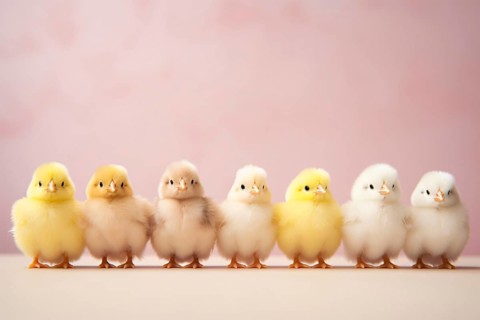 Small Easter chicks in a row on pastel pink studio background with copy space KI generiert,