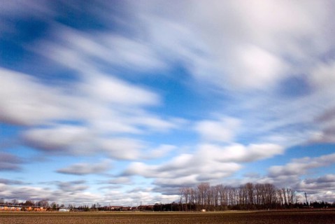 Landscape with field and bleak small wood and white clouds blurred, drifting, Munich, Bavaria,