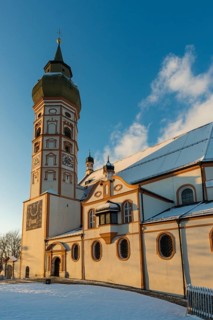 Andechs Monastery in winter, sunset, Fuenfseenland, Pfaffenwinkel, Upper Bavaria, Bavaria, Germany,