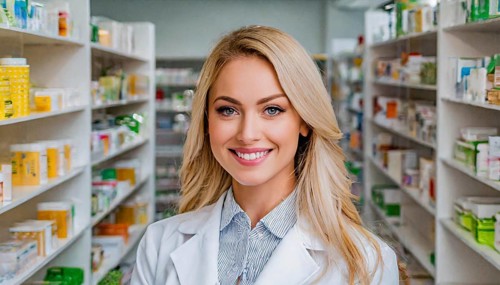 AI generated, A young pharmacist in her pharmacy, portrait, 30, 35, years, female, blonde, blond,