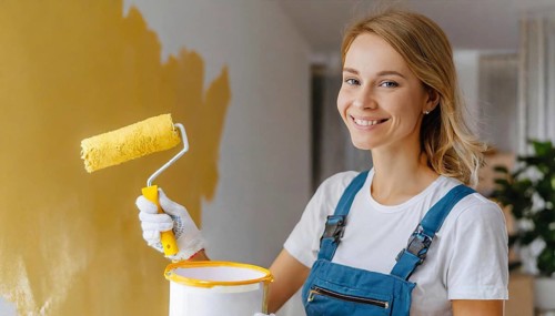 AI generated, woman, woman, a young girl paints a wall with new paint, yellow, yellow, renovation