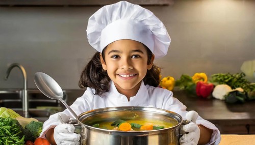 AI generated, human, humans, person, persons, child, children, 8 year old girl cooking a vegetable