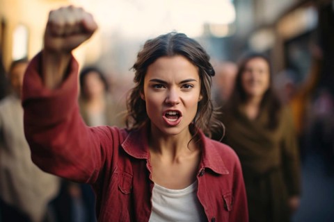 Woman with clenched fist with group of woman in blurry background. KI generiert, generiert AI