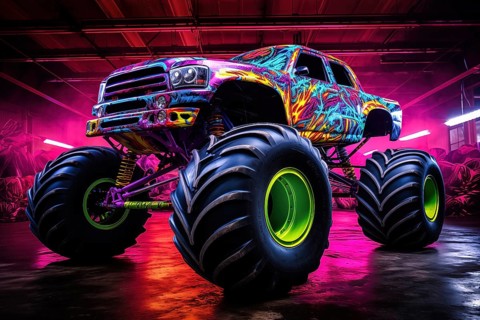 Monster truck illuminated by neon lights, excitement and thrill of an extreme sport and