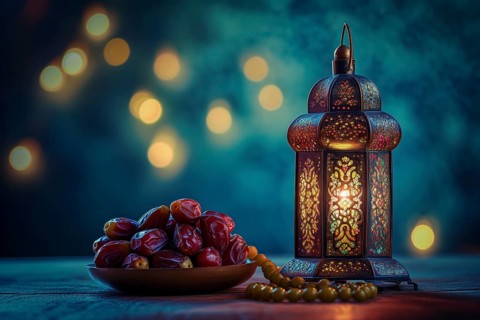 Ramadan lantern with a plate of succulent figs, set on an ornate table with intricate designs,