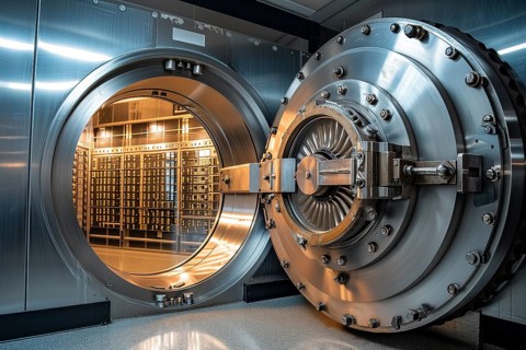 Open bank vault door, revealing a room filled with safety deposit boxes in safe depositary. The