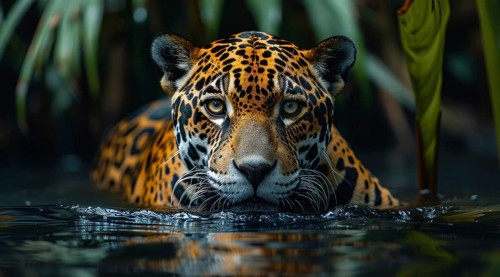 Close-up of a Jaguar (Panthera onca), the King of the Amazon Jungle. partially submerged in water