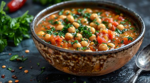 A rustic bowl of Harira Moroccan soup with chickpea and tomato garnished with parsley on a dark