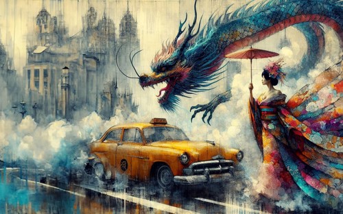 Fantasy art of a woman with an umbrella facing a dragon above a yellow taxi in a city, shunga