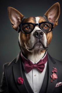 Anthropomorphic dog dressed up with glasses and a bow tie, whimsically emulating human fashion,