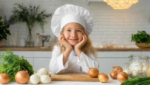 AI generated, human, humans, person, persons, child, children, 8 year old girl cutting onions in a