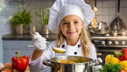 AI generated, human, humans, person, persons, child, children, 8 year old girl cooking a vegetable