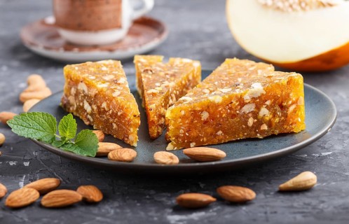 Traditional turkish candy cezerye made from caramelised melon, roasted walnuts, hazelnuts, cashew,