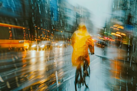 Evening scene with cyclist in yellow coat under rain in urban lighting, AI generated, AI generated
