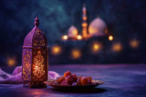Ramadan lantern with a plate of succulent figs in violet purple tones with mosque, set on an ornate