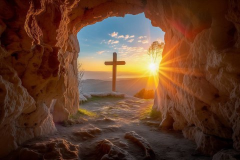 Easter concept cross on Golgotha Calvary hill against a dramatic sunset seen from open tomb of
