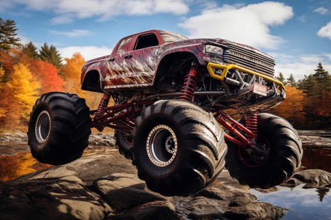 Monster truck driving and jumping outdoors amidst a cloud of dust. Thrill and adrenaline of an