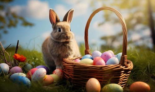 Cute Easter bunny sits beside a basket filled with colorful, decorated eggs amidst a vibrant green