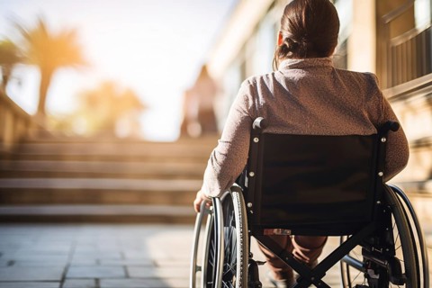 Back view of woman in wheelchair in front of stairs in street. KI generiert, generiert AI generated