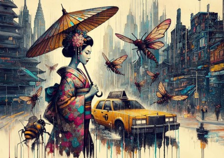 Geisha holding an umbrella amid dragonflies and a taxi in a serene blue cityscape with rain, shunga