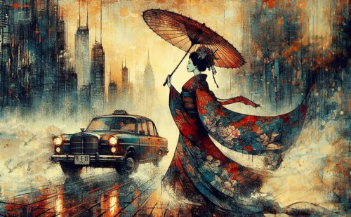 Asian young thin woman wearing long silky floral design kimono dress cross the street by a vintage