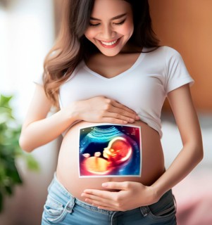 A pregnant young woman with the ultrasound image of her unborn baby in the womb, symbolic image