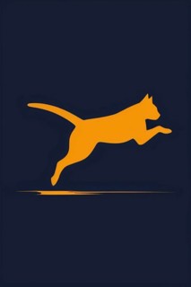 Minimalist cat illustration leaping, in orange on a navy background, minimalist vintage design