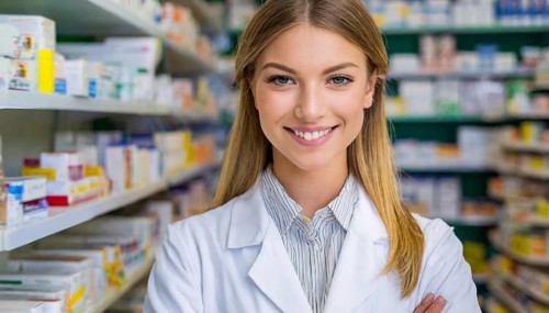 AI generated, A young pharmacist in her pharmacy, portrait, 30, 35, years, female, blonde, blond,